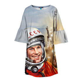 Детское платье 3D с принтом Гагарин 8 в Новосибирске, 100% полиэстер | прямой силуэт, чуть расширенный к низу. Круглая горловина, на рукавах — воланы | 12 апреля | гагарин | день космонавтики | космонавт | космонавтика | космос | юра | юрий