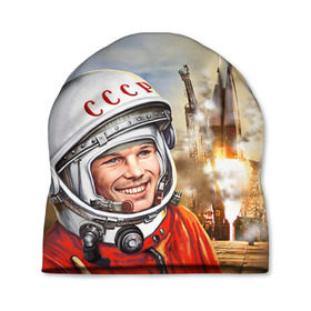 Шапка 3D с принтом Гагарин 8 в Новосибирске, 100% полиэстер | универсальный размер, печать по всей поверхности изделия | 12 апреля | гагарин | день космонавтики | космонавт | космонавтика | космос | юра | юрий