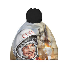 Шапка 3D c помпоном с принтом Гагарин 8 в Новосибирске, 100% полиэстер | универсальный размер, печать по всей поверхности изделия | 12 апреля | гагарин | день космонавтики | космонавт | космонавтика | космос | юра | юрий