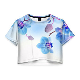 Женская футболка 3D укороченная с принтом Голубая орхидея в Новосибирске, 100% полиэстер | круглая горловина, длина футболки до линии талии, рукава с отворотами | Тематика изображения на принте: голубая орхидея | красота | орхидеи | природа | цветок | цветочек | цветы