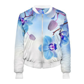 Женский бомбер 3D с принтом Голубая орхидея в Новосибирске, 100% полиэстер | застегивается на молнию, по бокам два кармана без застежек, мягкие манжеты, по низу бомбера и на воротнике — эластичная резинка | голубая орхидея | красота | орхидеи | природа | цветок | цветочек | цветы