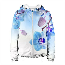 Женская куртка 3D с принтом Голубая орхидея в Новосибирске, ткань верха — 100% полиэстер, подклад — флис | прямой крой, подол и капюшон оформлены резинкой с фиксаторами, два кармана без застежек по бокам, один большой потайной карман на груди. Карман на груди застегивается на липучку | Тематика изображения на принте: голубая орхидея | красота | орхидеи | природа | цветок | цветочек | цветы
