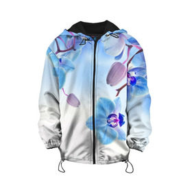 Детская куртка 3D с принтом Голубая орхидея в Новосибирске, 100% полиэстер | застежка — молния, подол и капюшон оформлены резинкой с фиксаторами, по бокам — два кармана без застежек, один потайной карман на груди, плотность верхнего слоя — 90 г/м2; плотность флисового подклада — 260 г/м2 | Тематика изображения на принте: голубая орхидея | красота | орхидеи | природа | цветок | цветочек | цветы