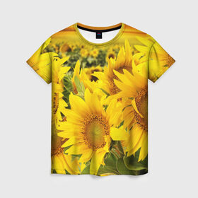 Женская футболка 3D с принтом Подсолнухи в Новосибирске, 100% полиэфир ( синтетическое хлопкоподобное полотно) | прямой крой, круглый вырез горловины, длина до линии бедер | желтый | солнце | цветок | яркий