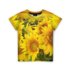 Детская футболка 3D с принтом Подсолнухи в Новосибирске, 100% гипоаллергенный полиэфир | прямой крой, круглый вырез горловины, длина до линии бедер, чуть спущенное плечо, ткань немного тянется | Тематика изображения на принте: желтый | солнце | цветок | яркий