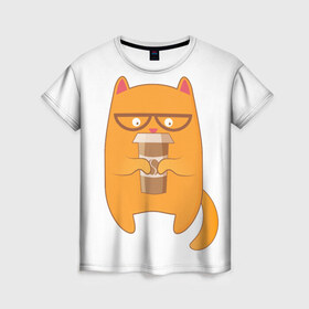 Женская футболка 3D с принтом Кот хипстер в Новосибирске, 100% полиэфир ( синтетическое хлопкоподобное полотно) | прямой крой, круглый вырез горловины, длина до линии бедер | арт | иллюстрация | кот | кофе | кофемания | пончик | хипстер