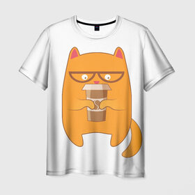 Мужская футболка 3D с принтом Кот хипстер в Новосибирске, 100% полиэфир | прямой крой, круглый вырез горловины, длина до линии бедер | арт | иллюстрация | кот | кофе | кофемания | пончик | хипстер
