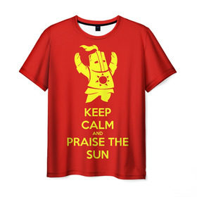 Мужская футболка 3D с принтом Keep calm and praise the sun в Новосибирске, 100% полиэфир | прямой крой, круглый вырез горловины, длина до линии бедер | Тематика изображения на принте: dark souls