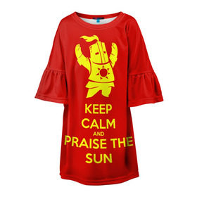 Детское платье 3D с принтом Keep calm and praise the sun в Новосибирске, 100% полиэстер | прямой силуэт, чуть расширенный к низу. Круглая горловина, на рукавах — воланы | dark souls