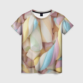 Женская футболка 3D с принтом Зефир в Новосибирске, 100% полиэфир ( синтетическое хлопкоподобное полотно) | прямой крой, круглый вырез горловины, длина до линии бедер | candy | еда | зефир | конфеты | мармелад | сладкое