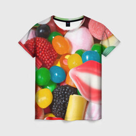 Женская футболка 3D с принтом Сладости в Новосибирске, 100% полиэфир ( синтетическое хлопкоподобное полотно) | прямой крой, круглый вырез горловины, длина до линии бедер | candy | еда | конфеты | мармелад | сладкое