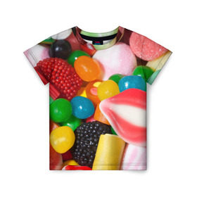 Детская футболка 3D с принтом Сладости в Новосибирске, 100% гипоаллергенный полиэфир | прямой крой, круглый вырез горловины, длина до линии бедер, чуть спущенное плечо, ткань немного тянется | candy | еда | конфеты | мармелад | сладкое