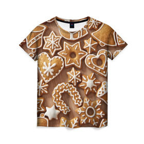 Женская футболка 3D с принтом печенье в Новосибирске, 100% полиэфир ( синтетическое хлопкоподобное полотно) | прямой крой, круглый вырез горловины, длина до линии бедер | christmas | cookies | decoration | merry | xmas | выпечка | глазурь | новый год | рождество | сладко