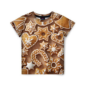 Детская футболка 3D с принтом печенье в Новосибирске, 100% гипоаллергенный полиэфир | прямой крой, круглый вырез горловины, длина до линии бедер, чуть спущенное плечо, ткань немного тянется | Тематика изображения на принте: christmas | cookies | decoration | merry | xmas | выпечка | глазурь | новый год | рождество | сладко