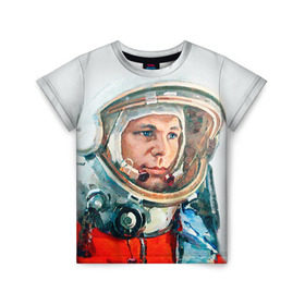 Детская футболка 3D с принтом Гагарин в Новосибирске, 100% гипоаллергенный полиэфир | прямой крой, круглый вырез горловины, длина до линии бедер, чуть спущенное плечо, ткань немного тянется | Тематика изображения на принте: space | гагарин | космос | россия
