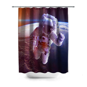 Штора 3D для ванной с принтом Космонавт в Новосибирске, 100% полиэстер | плотность материала — 100 г/м2. Стандартный размер — 146 см х 180 см. По верхнему краю — пластиковые люверсы для креплений. В комплекте 10 пластиковых колец | галактика | звезды | земля | космонавт | космос