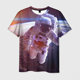 Мужская футболка 3D с принтом Космонавт в Новосибирске, 100% полиэфир | прямой крой, круглый вырез горловины, длина до линии бедер | галактика | звезды | земля | космонавт | космос