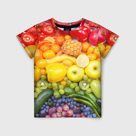 Детская футболка 3D с принтом Плоды в Новосибирске, 100% гипоаллергенный полиэфир | прямой крой, круглый вырез горловины, длина до линии бедер, чуть спущенное плечо, ткань немного тянется | овощи | фрукты | ягоды