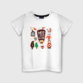 Детская футболка хлопок с принтом Moscow в Новосибирске, 100% хлопок | круглый вырез горловины, полуприлегающий силуэт, длина до линии бедер | Тематика изображения на принте: moscow | водка | матрешка | медведь | москва | россия
