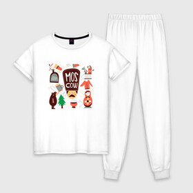 Женская пижама хлопок с принтом Moscow в Новосибирске, 100% хлопок | брюки и футболка прямого кроя, без карманов, на брюках мягкая резинка на поясе и по низу штанин | moscow | водка | матрешка | медведь | москва | россия