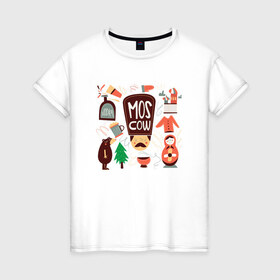 Женская футболка хлопок с принтом Moscow в Новосибирске, 100% хлопок | прямой крой, круглый вырез горловины, длина до линии бедер, слегка спущенное плечо | moscow | водка | матрешка | медведь | москва | россия