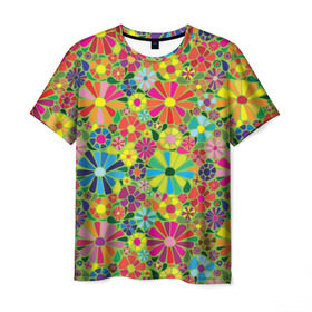 Мужская футболка 3D с принтом Узор из цветов в Новосибирске, 100% полиэфир | прямой крой, круглый вырез горловины, длина до линии бедер | паттерн | разноцветный | рстительный