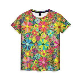 Женская футболка 3D с принтом Узор из цветов в Новосибирске, 100% полиэфир ( синтетическое хлопкоподобное полотно) | прямой крой, круглый вырез горловины, длина до линии бедер | Тематика изображения на принте: паттерн | разноцветный | рстительный