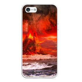 Чехол для iPhone 5/5S матовый с принтом Вулкан в Новосибирске, Силикон | Область печати: задняя сторона чехла, без боковых панелей | Тематика изображения на принте: взрыв | вулкан | извержение | красная | лава | море