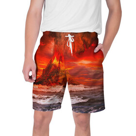 Мужские шорты 3D с принтом Вулкан в Новосибирске,  полиэстер 100% | прямой крой, два кармана без застежек по бокам. Мягкая трикотажная резинка на поясе, внутри которой широкие завязки. Длина чуть выше колен | Тематика изображения на принте: взрыв | вулкан | извержение | красная | лава | море