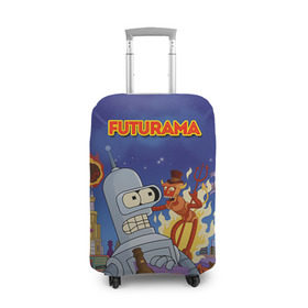 Чехол для чемодана 3D с принтом Futurama в Новосибирске, 86% полиэфир, 14% спандекс | двустороннее нанесение принта, прорези для ручек и колес | bender | fry | futurama | mult | бендер | бэндер | лила | мульт | мультсериал | мульфильмы | фрай | футутрама