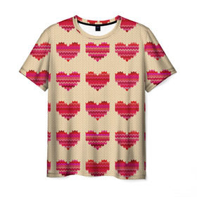 Мужская футболка 3D с принтом Шерстяные сердечки в Новосибирске, 100% полиэфир | прямой крой, круглый вырез горловины, длина до линии бедер | вязание | вязаный | паттерн | текстура | узор