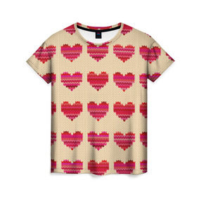 Женская футболка 3D с принтом Шерстяные сердечки в Новосибирске, 100% полиэфир ( синтетическое хлопкоподобное полотно) | прямой крой, круглый вырез горловины, длина до линии бедер | вязание | вязаный | паттерн | текстура | узор