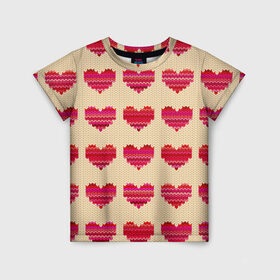 Детская футболка 3D с принтом Шерстяные сердечки в Новосибирске, 100% гипоаллергенный полиэфир | прямой крой, круглый вырез горловины, длина до линии бедер, чуть спущенное плечо, ткань немного тянется | вязание | вязаный | паттерн | текстура | узор
