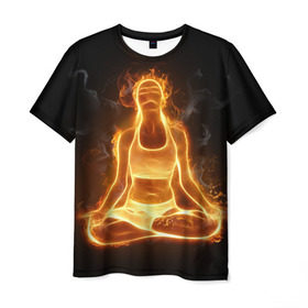 Мужская футболка 3D с принтом Пламенная медитация в Новосибирске, 100% полиэфир | прямой крой, круглый вырез горловины, длина до линии бедер | Тематика изображения на принте: аштанга | здоровье | зож | йога | кундалини | лотос | медитация | огонь | пламя | силуэт | спорт | страсть | тонус