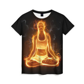 Женская футболка 3D с принтом Пламенная медитация в Новосибирске, 100% полиэфир ( синтетическое хлопкоподобное полотно) | прямой крой, круглый вырез горловины, длина до линии бедер | аштанга | здоровье | зож | йога | кундалини | лотос | медитация | огонь | пламя | силуэт | спорт | страсть | тонус