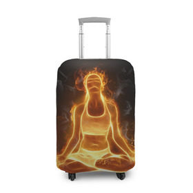 Чехол для чемодана 3D с принтом Пламенная медитация в Новосибирске, 86% полиэфир, 14% спандекс | двустороннее нанесение принта, прорези для ручек и колес | аштанга | здоровье | зож | йога | кундалини | лотос | медитация | огонь | пламя | силуэт | спорт | страсть | тонус