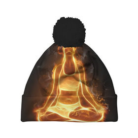 Шапка 3D c помпоном с принтом Пламенная медитация в Новосибирске, 100% полиэстер | универсальный размер, печать по всей поверхности изделия | аштанга | здоровье | зож | йога | кундалини | лотос | медитация | огонь | пламя | силуэт | спорт | страсть | тонус
