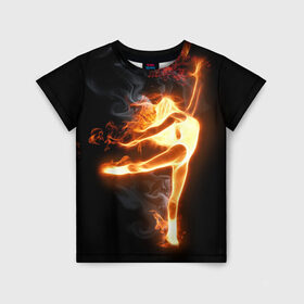 Детская футболка 3D с принтом Фитнес в Новосибирске, 100% гипоаллергенный полиэфир | прямой крой, круглый вырез горловины, длина до линии бедер, чуть спущенное плечо, ткань немного тянется | грация | здоровье | зож | огонь | пламя | силуэт | спорт | страсть | танец | тонус | фитнес