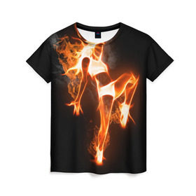 Женская футболка 3D с принтом Спортивная страсть в Новосибирске, 100% полиэфир ( синтетическое хлопкоподобное полотно) | прямой крой, круглый вырез горловины, длина до линии бедер | грация | здоровье | зож | огонь | пламя | силуэт | спорт | страсть | танец | тонус | фитнес