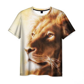Мужская футболка 3D с принтом Лев в Новосибирске, 100% полиэфир | прямой крой, круглый вырез горловины, длина до линии бедер | власть | джунгли | кошка | лев | мощь | отвага | сила | хищник | храбрость | царь зверей