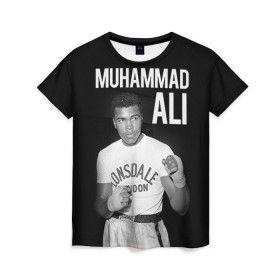 Женская футболка 3D с принтом Muhammad Ali в Новосибирске, 100% полиэфир ( синтетическое хлопкоподобное полотно) | прямой крой, круглый вырез горловины, длина до линии бедер | ali | boxing | muhammad ali |   |  muhammad |  бокс | али | боксер | мухамад. мухаммад | мухаммед | мухаммед али