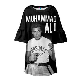 Детское платье 3D с принтом Muhammad Ali в Новосибирске, 100% полиэстер | прямой силуэт, чуть расширенный к низу. Круглая горловина, на рукавах — воланы | Тематика изображения на принте: ali | boxing | muhammad ali |   |  muhammad |  бокс | али | боксер | мухамад. мухаммад | мухаммед | мухаммед али