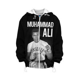 Детская куртка 3D с принтом Muhammad Ali в Новосибирске, 100% полиэстер | застежка — молния, подол и капюшон оформлены резинкой с фиксаторами, по бокам — два кармана без застежек, один потайной карман на груди, плотность верхнего слоя — 90 г/м2; плотность флисового подклада — 260 г/м2 | Тематика изображения на принте: ali | boxing | muhammad ali |   |  muhammad |  бокс | али | боксер | мухамад. мухаммад | мухаммед | мухаммед али