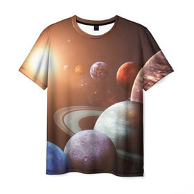 Мужская футболка 3D с принтом Планеты солнечной системы в Новосибирске, 100% полиэфир | прямой крой, круглый вырез горловины, длина до линии бедер | Тематика изображения на принте: венера | звезды | земля | космос | марс | меркурий | сатурн | солнце | уран | юпитер
