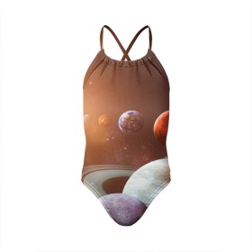Детский купальник 3D с принтом Планеты солнечной системы в Новосибирске, Полиэстер 85%, Спандекс 15% | Слитный крой, подклад по переду изделия, узкие бретели | Тематика изображения на принте: венера | звезды | земля | космос | марс | меркурий | сатурн | солнце | уран | юпитер