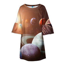Детское платье 3D с принтом Планеты солнечной системы в Новосибирске, 100% полиэстер | прямой силуэт, чуть расширенный к низу. Круглая горловина, на рукавах — воланы | Тематика изображения на принте: венера | звезды | земля | космос | марс | меркурий | сатурн | солнце | уран | юпитер