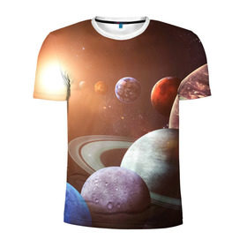 Мужская футболка 3D спортивная с принтом Планеты солнечной системы в Новосибирске, 100% полиэстер с улучшенными характеристиками | приталенный силуэт, круглая горловина, широкие плечи, сужается к линии бедра | венера | звезды | земля | космос | марс | меркурий | сатурн | солнце | уран | юпитер