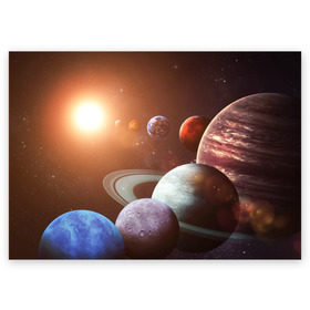 Поздравительная открытка с принтом Планеты солнечной системы в Новосибирске, 100% бумага | плотность бумаги 280 г/м2, матовая, на обратной стороне линовка и место для марки
 | Тематика изображения на принте: венера | звезды | земля | космос | марс | меркурий | сатурн | солнце | уран | юпитер
