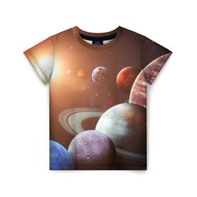 Детская футболка 3D с принтом Планеты солнечной системы в Новосибирске, 100% гипоаллергенный полиэфир | прямой крой, круглый вырез горловины, длина до линии бедер, чуть спущенное плечо, ткань немного тянется | венера | звезды | земля | космос | марс | меркурий | сатурн | солнце | уран | юпитер