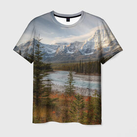 Мужская футболка 3D с принтом Осень в горах в Новосибирске, 100% полиэфир | прямой крой, круглый вырез горловины, длина до линии бедер | Тематика изображения на принте: горы | лес | осень | пейзаж